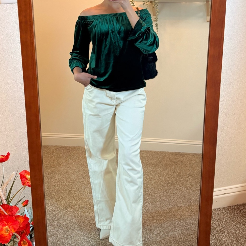 Green Velvet Off-Shoulder Top with Cream Pants